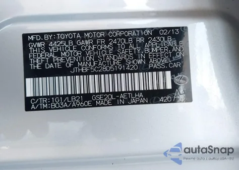 2013 Lexus Is 250 z USA, uszkodzony, nr VIN JTHBF5C28D5191420